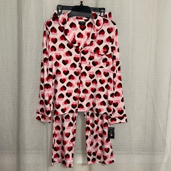kate spade Pink Red Burgundy Overlapping Hearts Notch Collar Long Sleeve Pant PJ - Picture 1 of 12